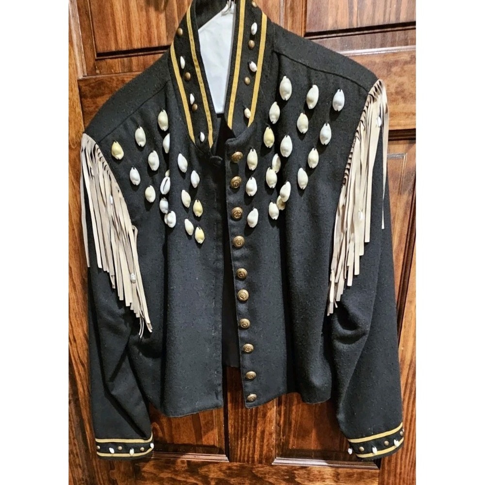 Vintage Double D Ranchwear Black Wool Cavalry Jacket Cowrie Shell Fringe Large